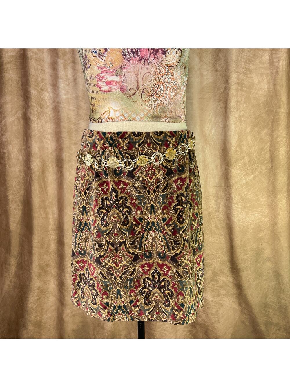 Vintage Tapestry Mini Skirt 90s Velour Paisley Multicolor A Line Retro Academia